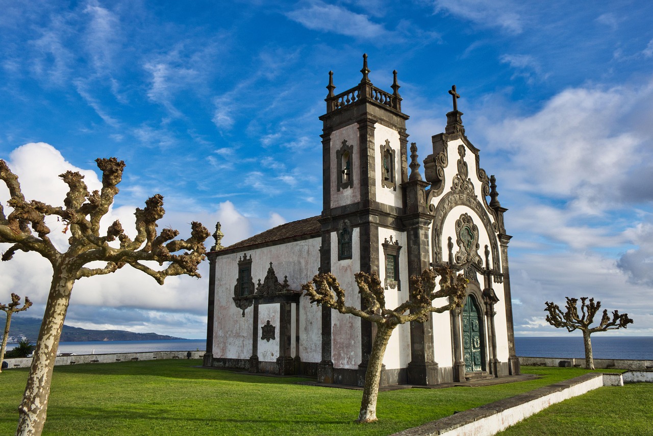 monument, art, church, architecture, construction, tower, religion, old one, history, masonry, stone, trees, the church of the mother of god, nature, thin tip, azores, macaronesia, comanche