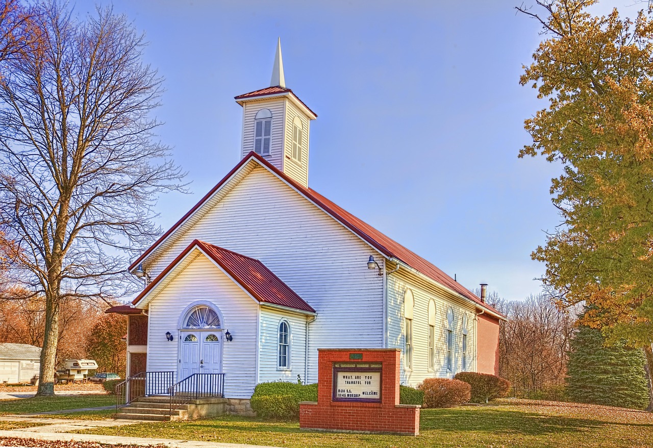 country church, scenery, beautiful flowers, trees, autumn, fall, artistic, art print, nature, digital art, colorful, scenic, landscape, flowers, weeds, foliage, flower background, rural, country, united, methodist, small church, cupola, historic, home decor, blue home, flower wallpaper, blue church