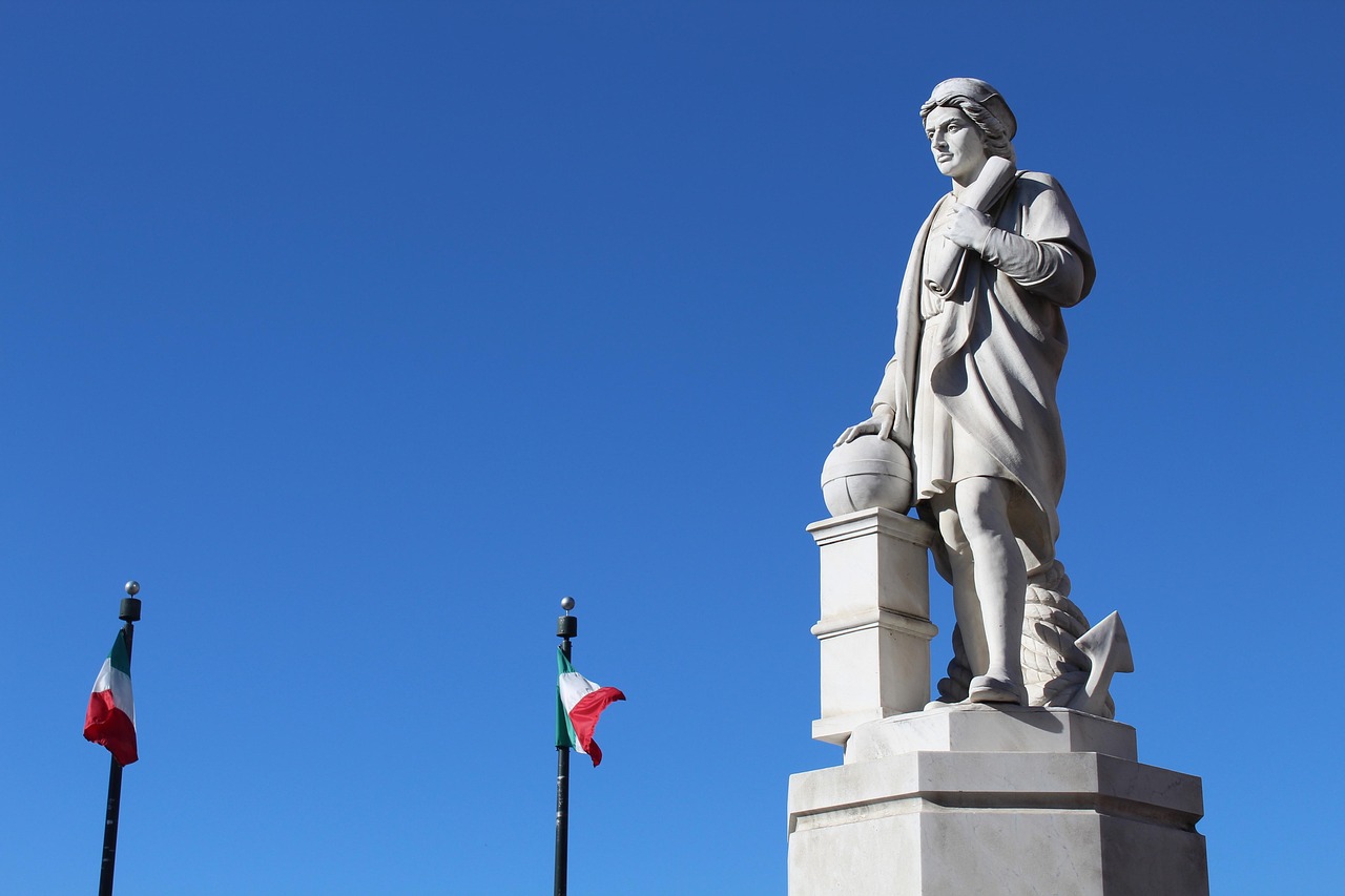 sky, statue, architecture, outdoors, christopher columbus, columbus, nature, baltimore, italian flag, marble, little italy, blue sky