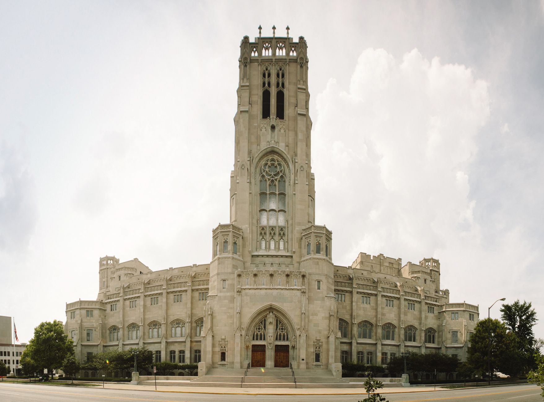 A majestic view of the Scottish Rite Cathedral, a historic landmark in Indianapolis, Indiana.