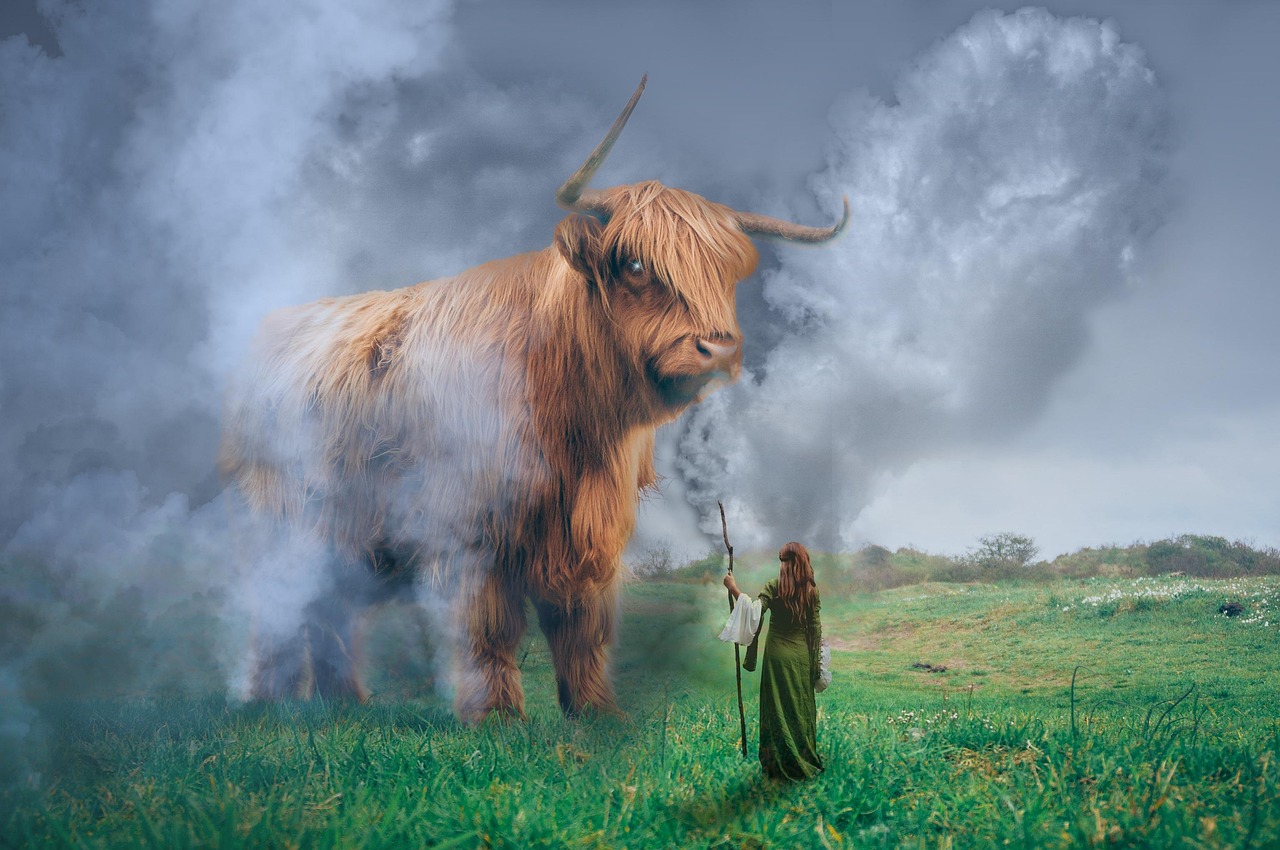 cow, bull, dust, angry, fog, clouds, steam, smoke, mammal, mythological, nature, woman, pastor, fear, cattle, pasture, rural, agriculture, furious, horns