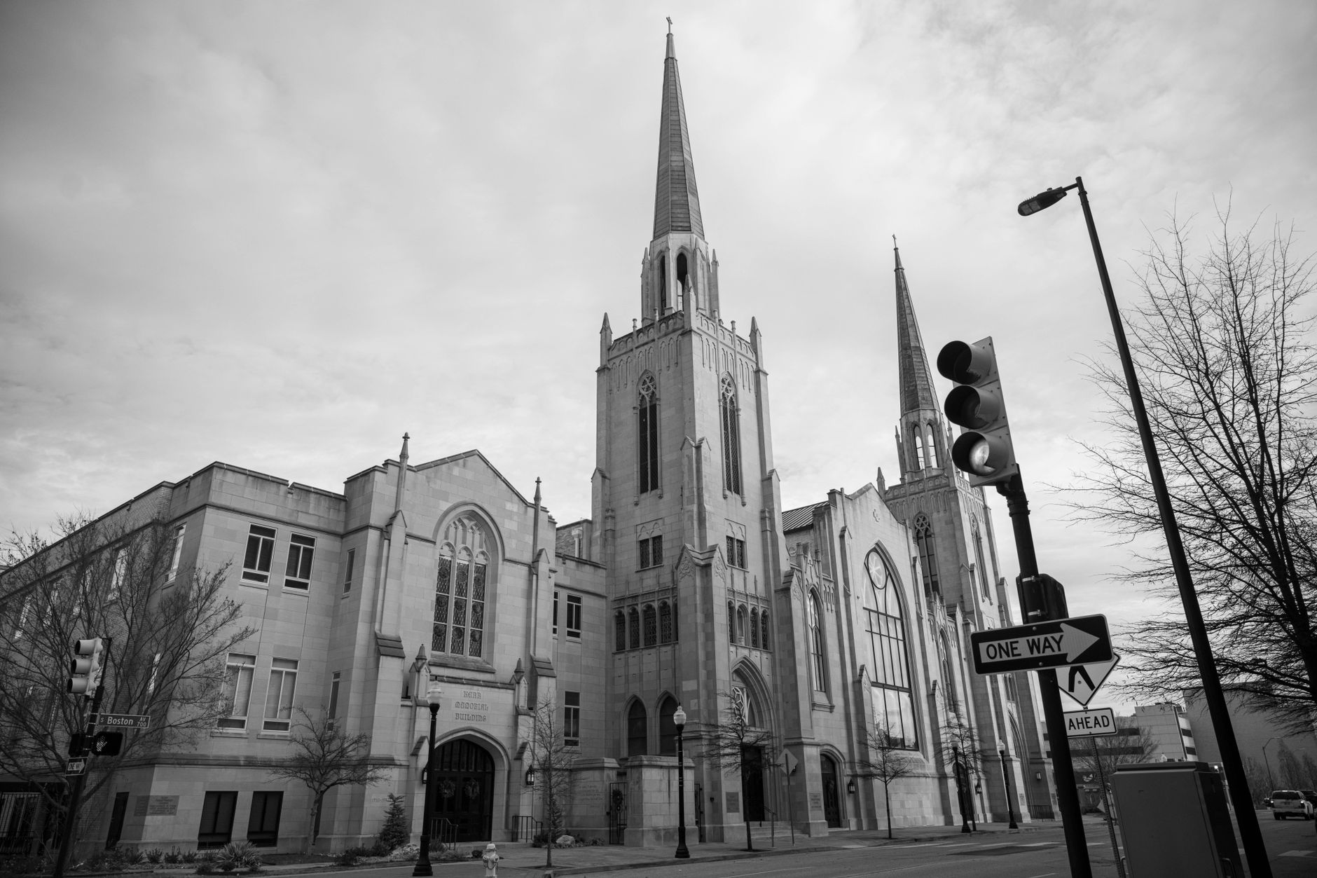 Black and white photo of First Presbyterian Church, a historic landmark in Tulsa, Oklahoma.