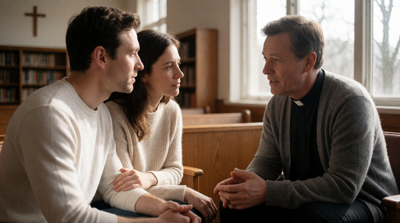Pastor realizando aconselhamento pastoral com um casal em seu escritório na igreja