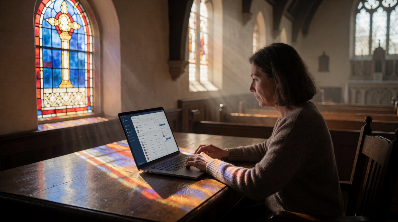 Church administrator using church management software on a computer