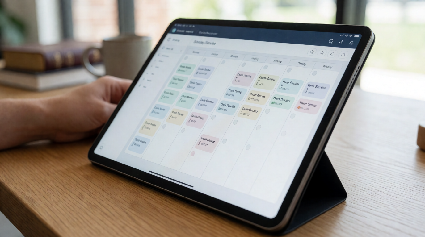 Software de agendamento para igrejas exibindo calendário semanal