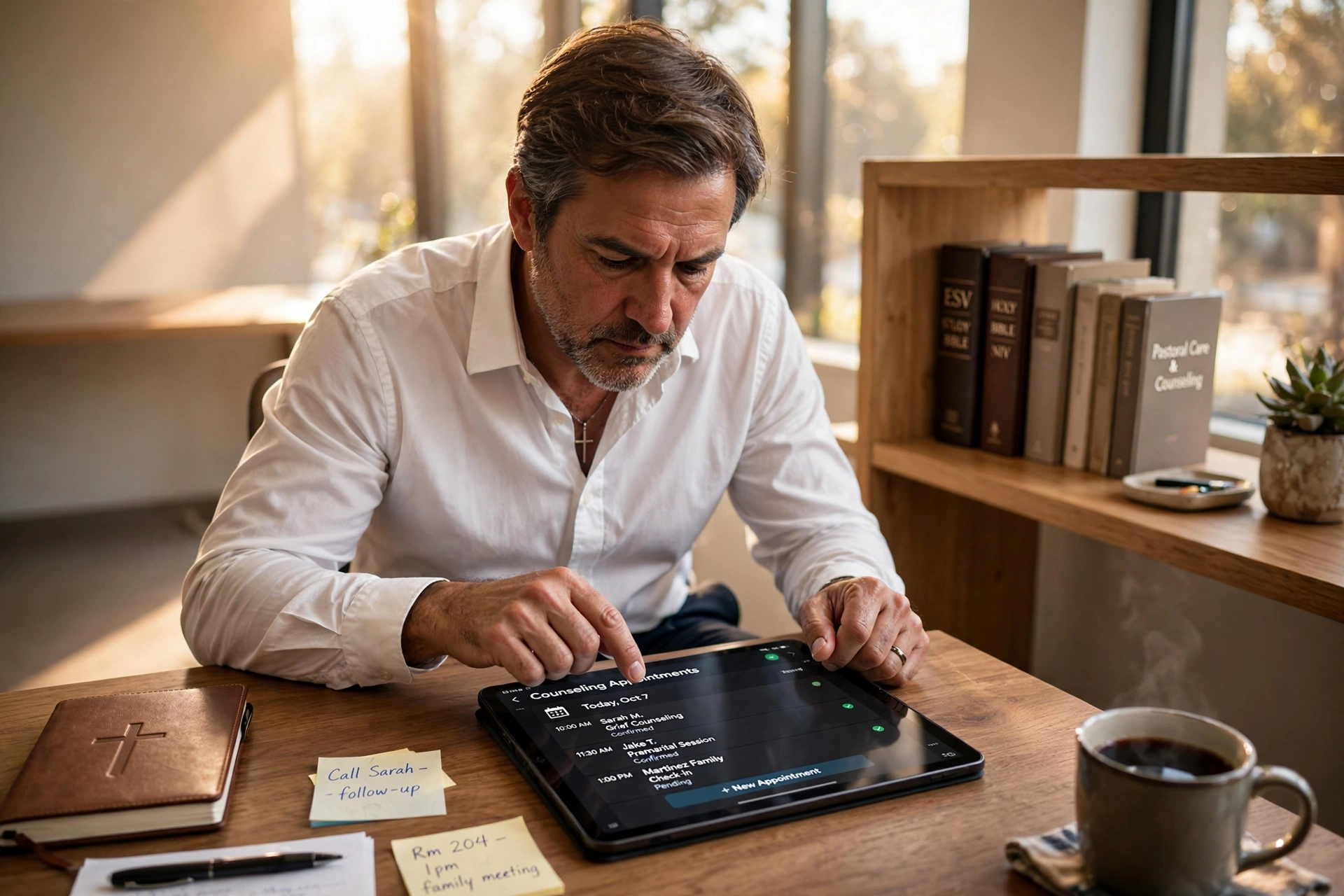 Pastor using a tablet to manage counseling appointments in a Des Moines church office