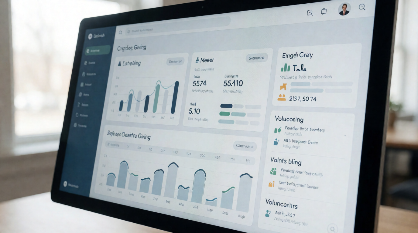 Painel de software de gestão de igrejas mostrando métricas de membresia e finanças