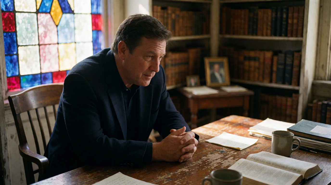 Pastor providing pastoral counseling to a congregant in a cozy church office setting