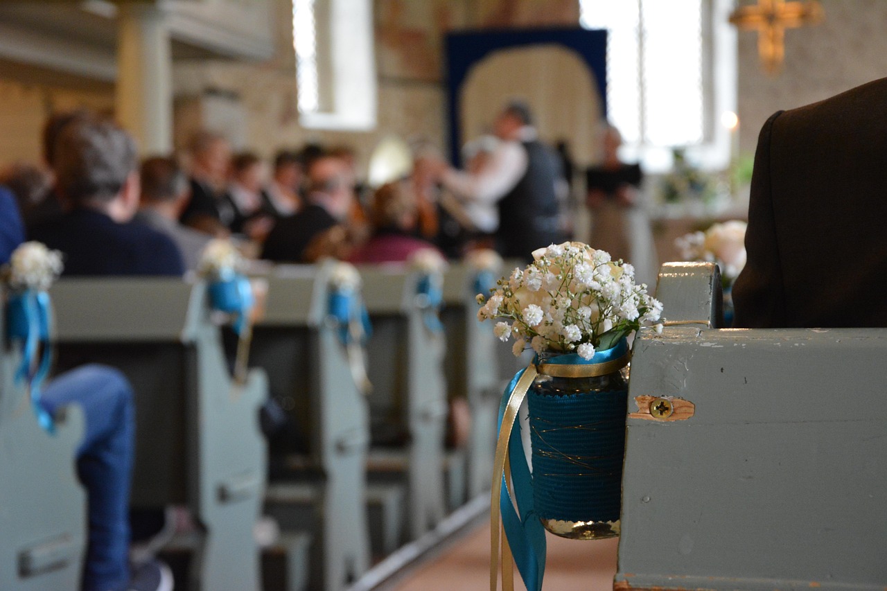 golden weddings, deco, blue, nature, flower background, flower, church, benches, church benches, guests, choir, beautiful flowers, flower wallpaper, pastor, wedding decoration, wedding, flower decoration