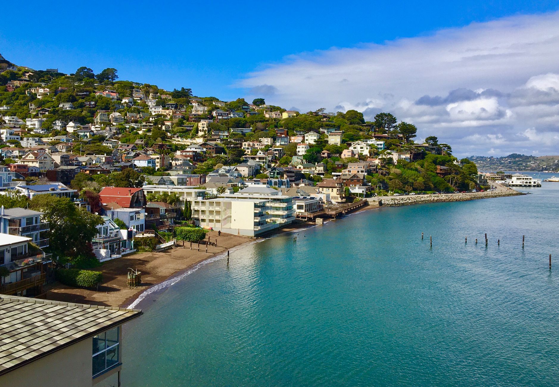 Beautiful view of Sausalito's hillside and bay, showcasing houses, clear sky, and serene water.