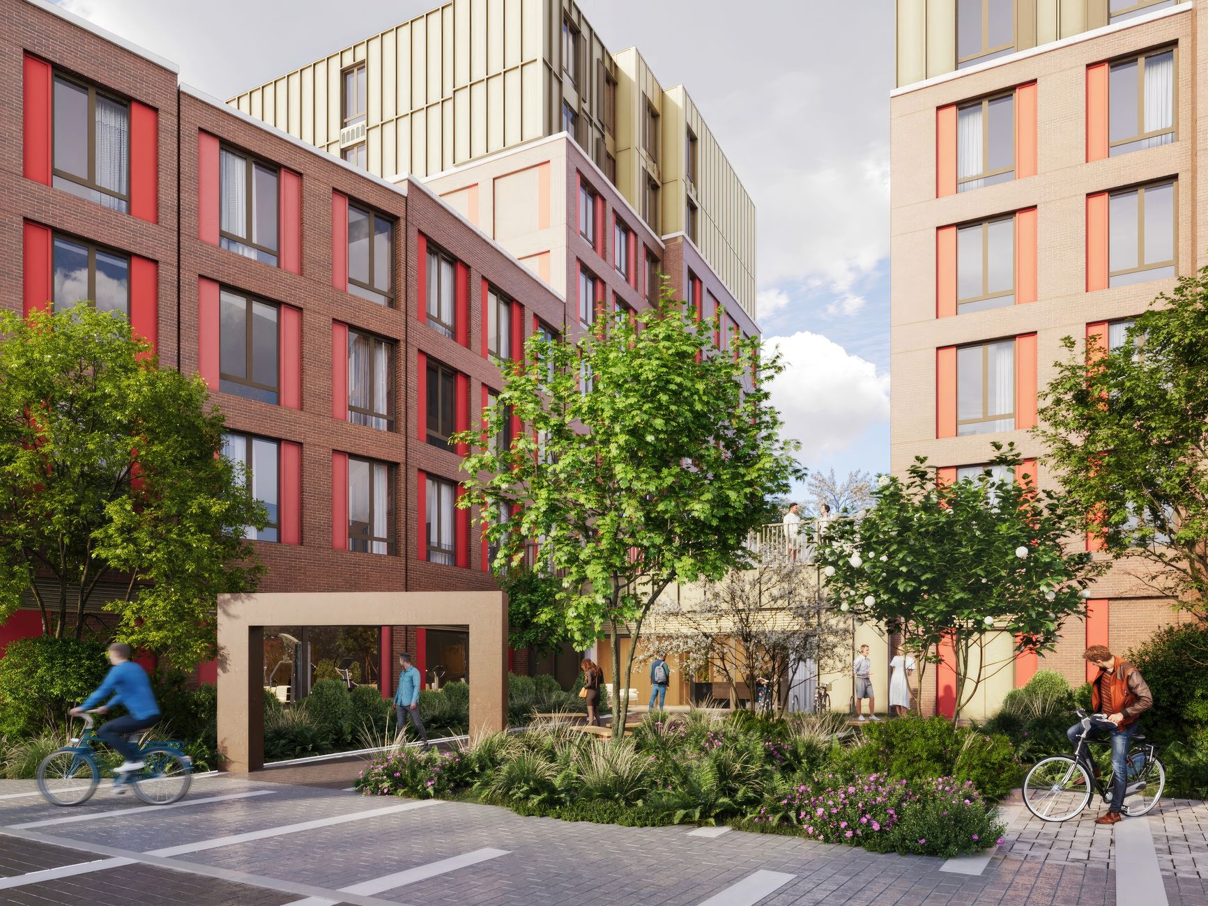 A photorealistic render of a modern urban courtyard with residential buildings.