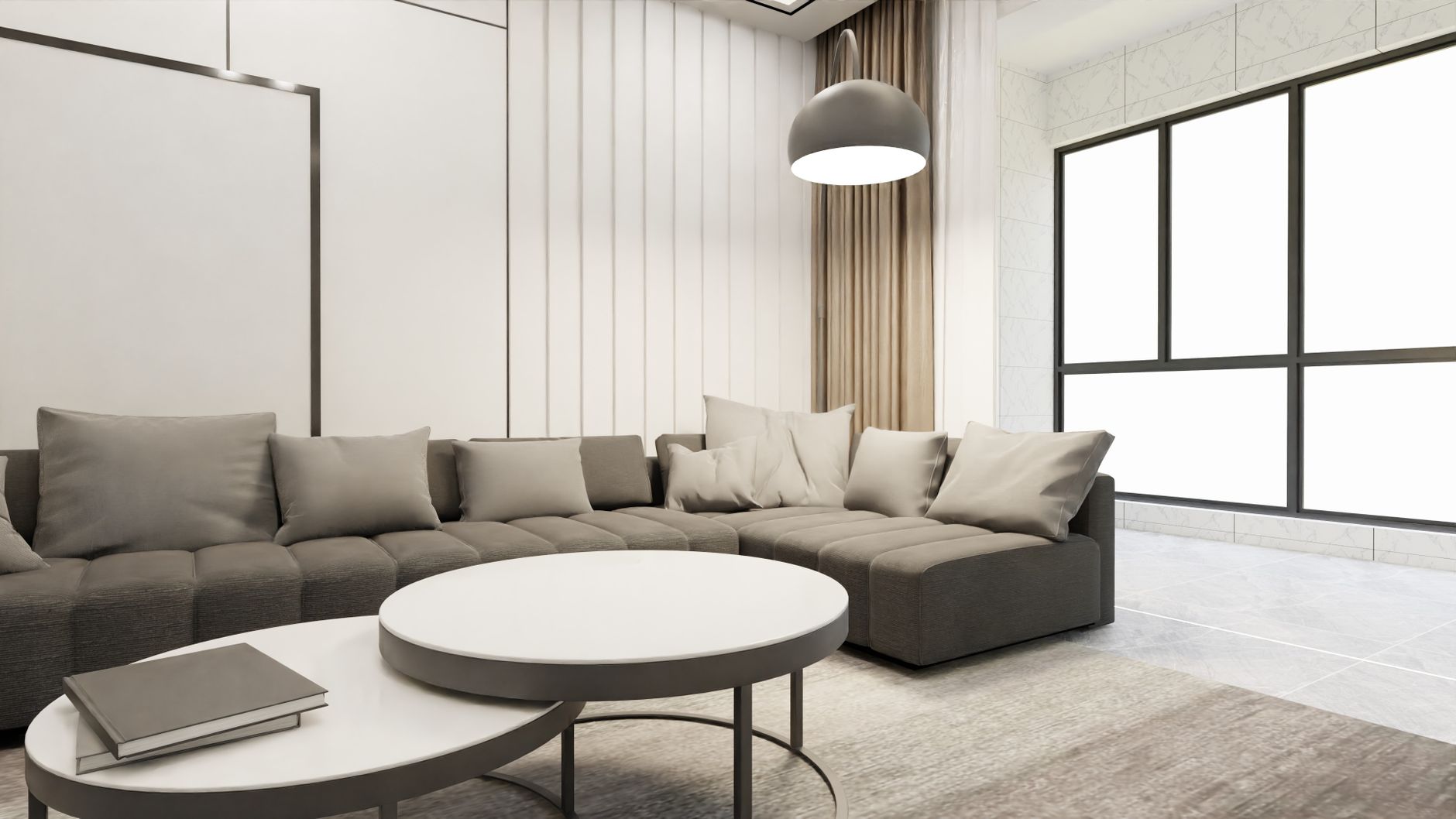 Elegant modern living room with minimalist decor and ample natural light.