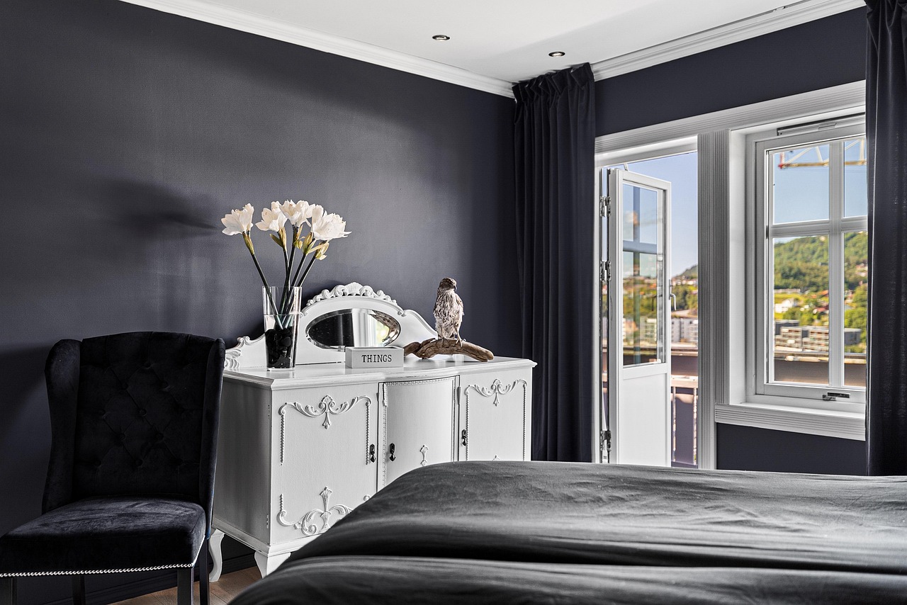 real estate, interior design, bedroom, indoors, bed, furniture, nature, cabinet, window, plant