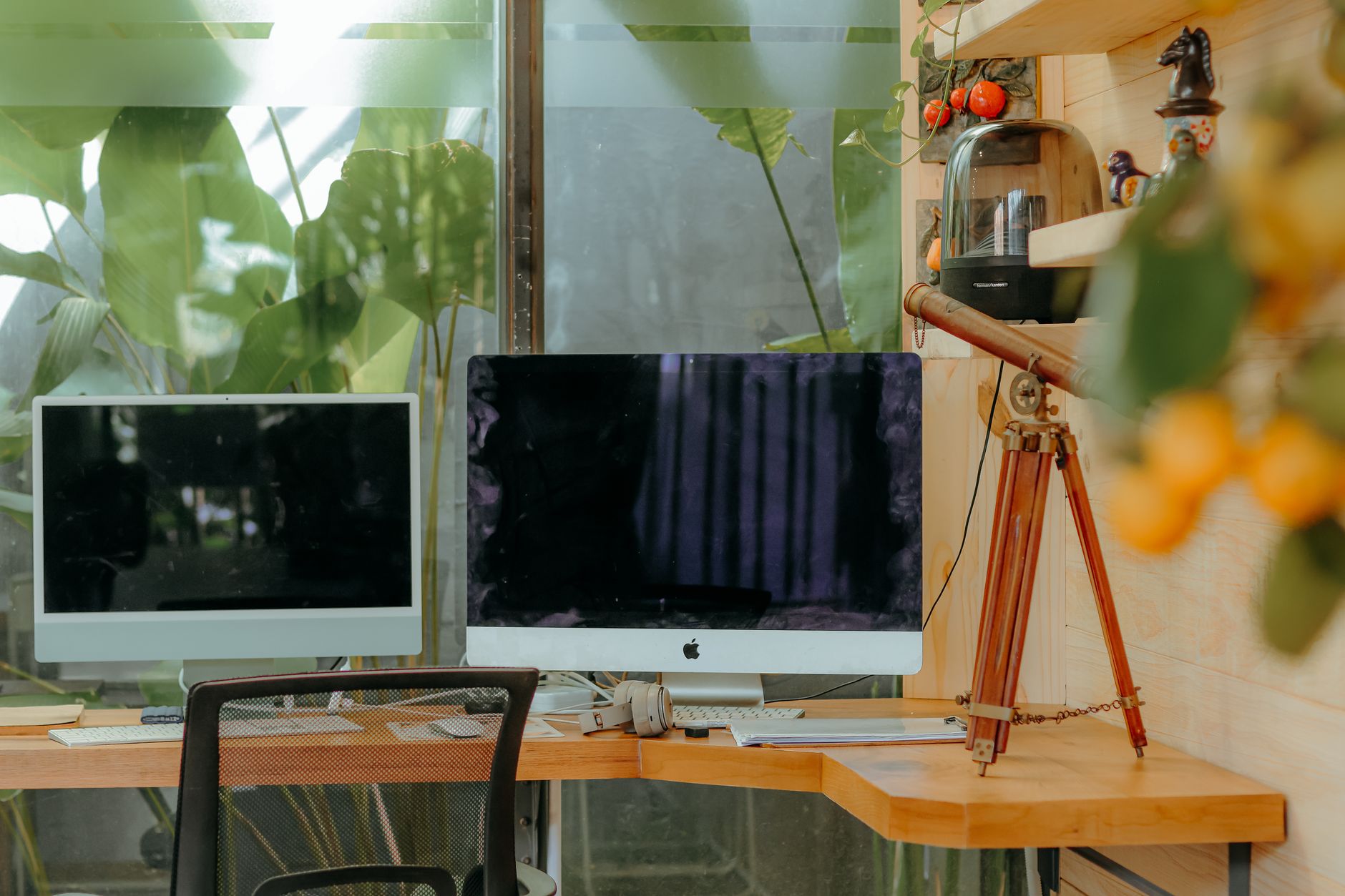 Contemporary workspace featuring dual monitors, telescope, and plants enhancing a fresh, creative ambiance.