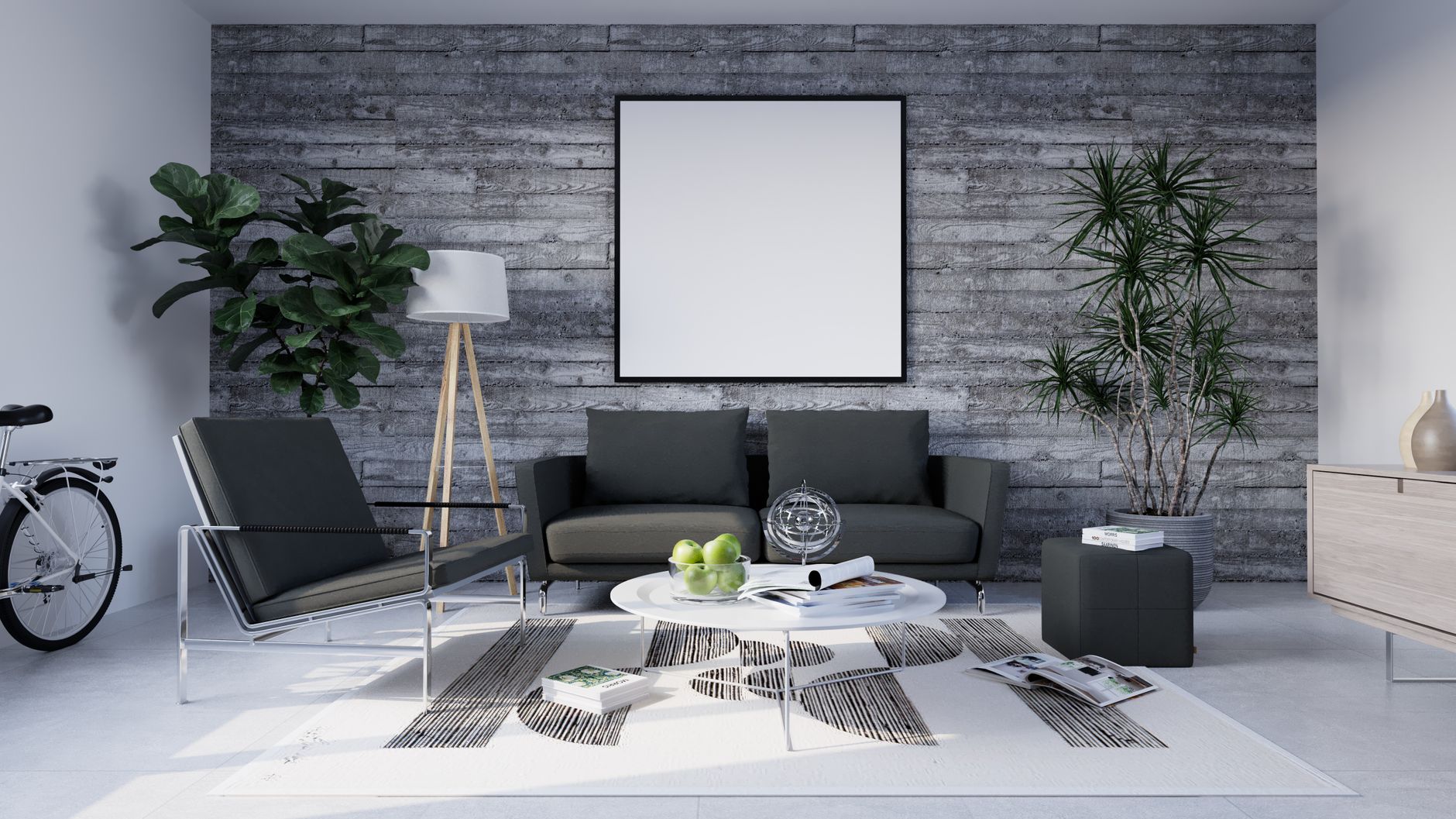 A sleek modern living room with minimalist furniture and decor featuring natural elements.