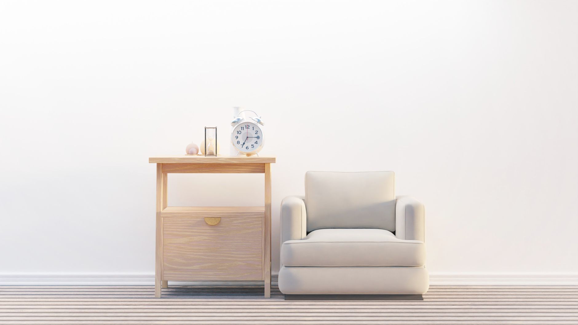Elegant minimalist living room featuring sofa, side table with clock.