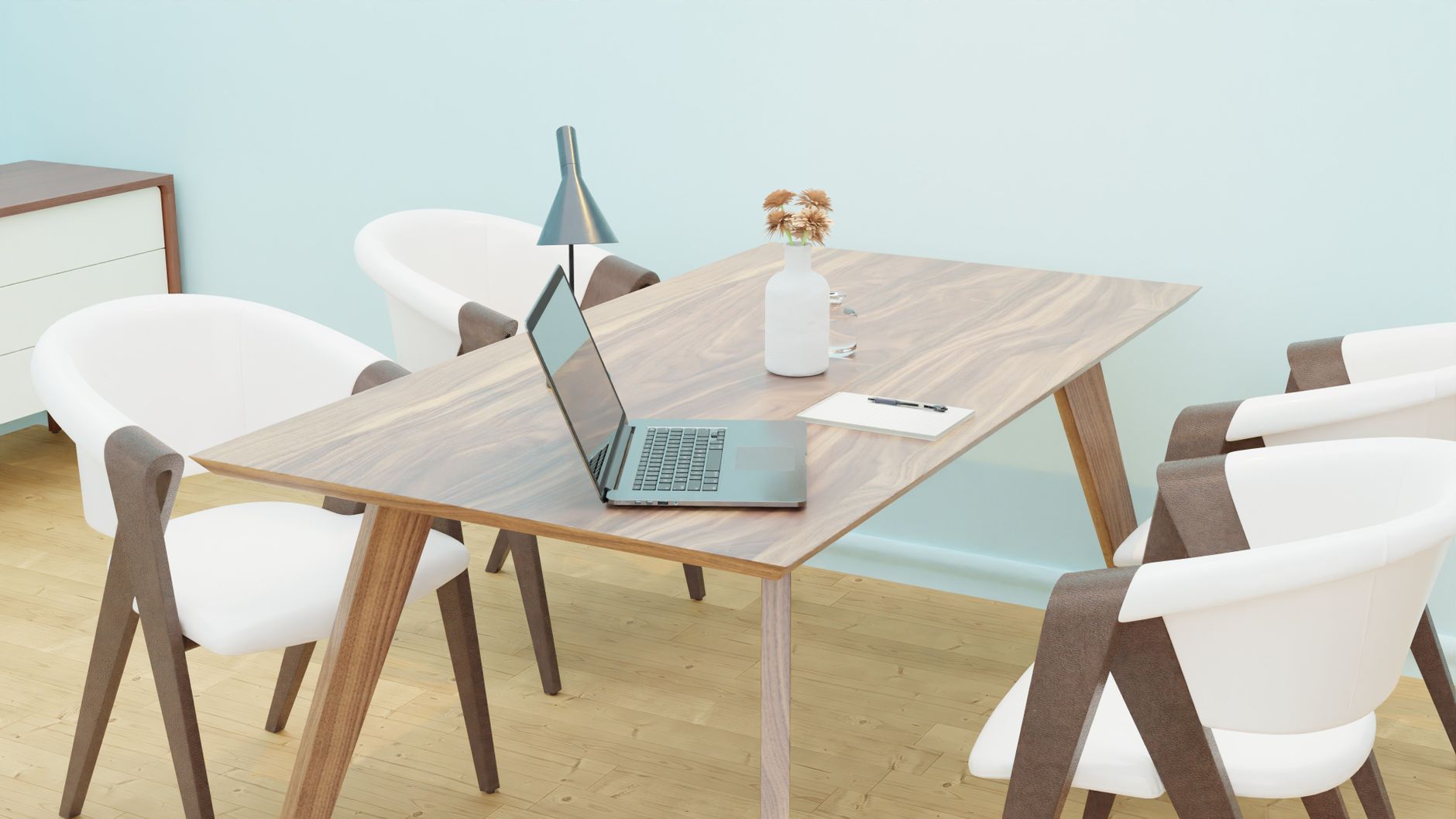 Bright and cozy minimalist home office space with wooden furniture.
