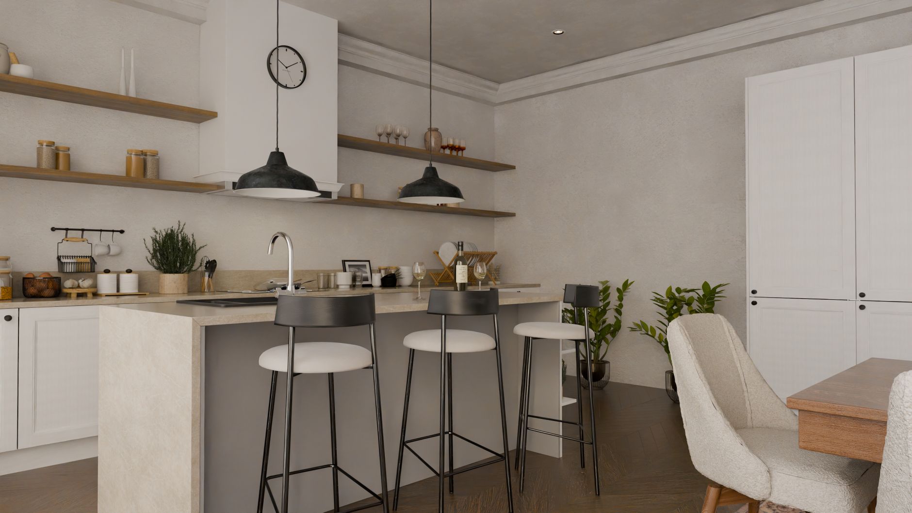 Stylish modern kitchen featuring minimalist decor with sleek furniture and neutral tones.