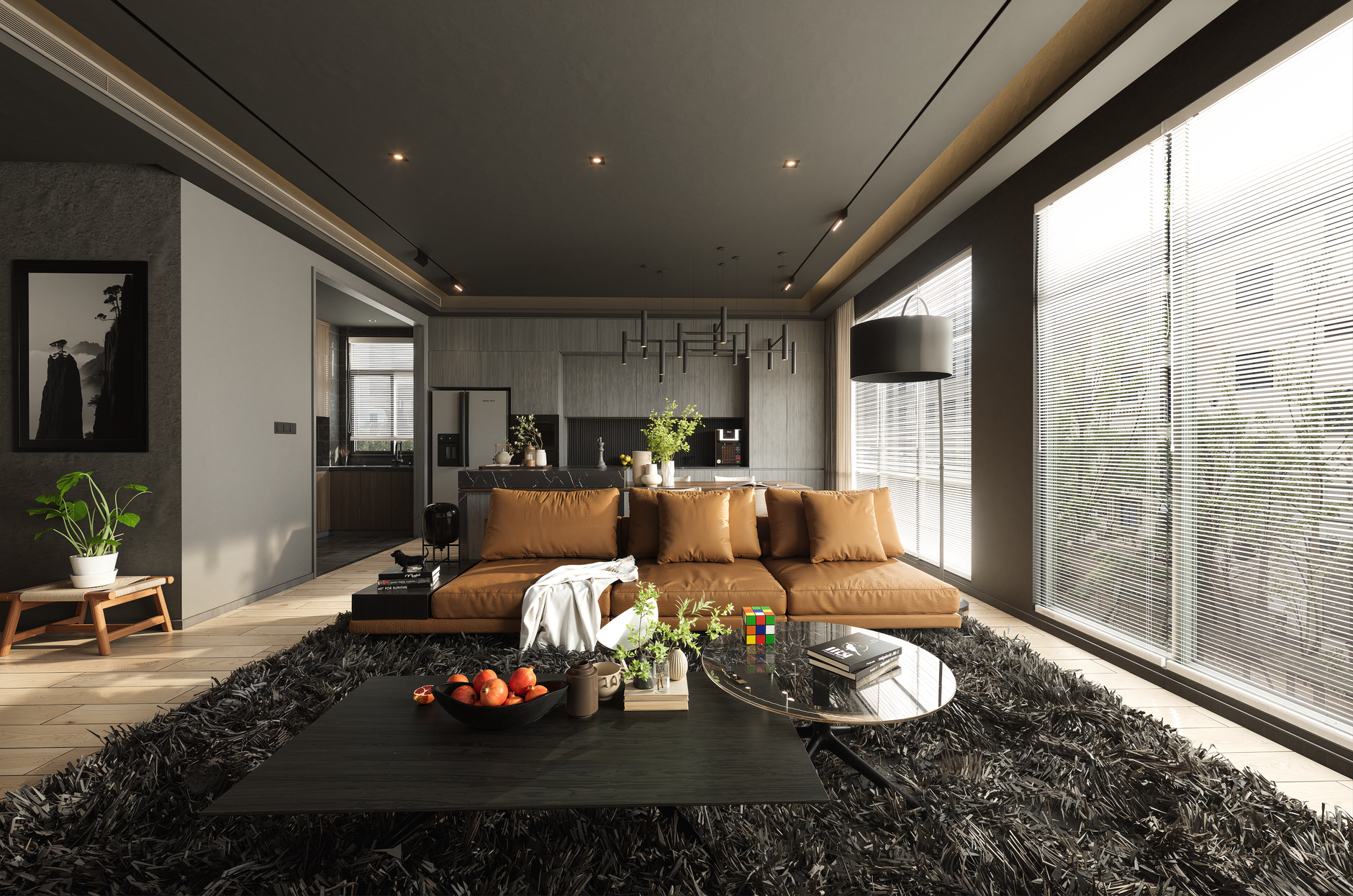 Cozy and stylish modern living room with large windows and sofa.