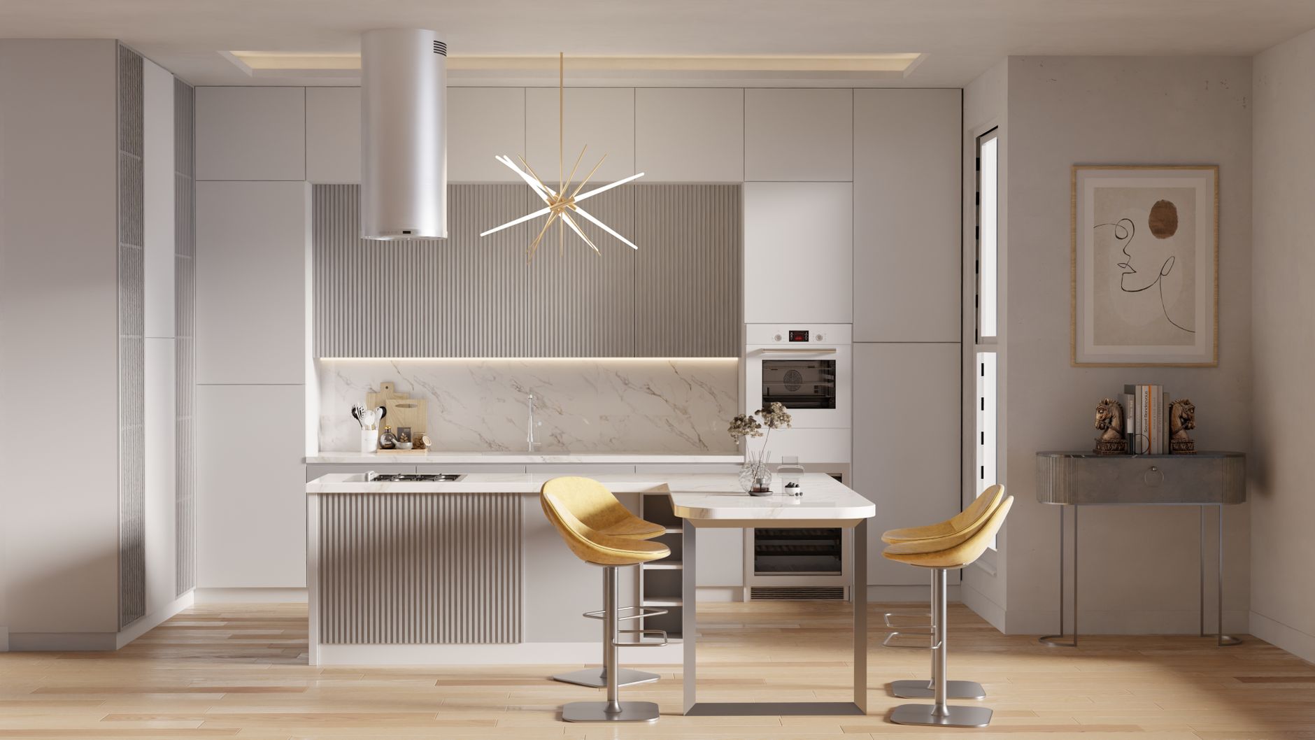Stylish minimalist kitchen with sleek white cabinets and marble countertops.