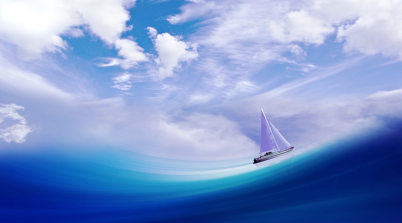fantasy, illusion, sailboat, sea, sky, ocean, clouds, blue sea, boat, nature, sailing, sails, surreal, photo manipulation