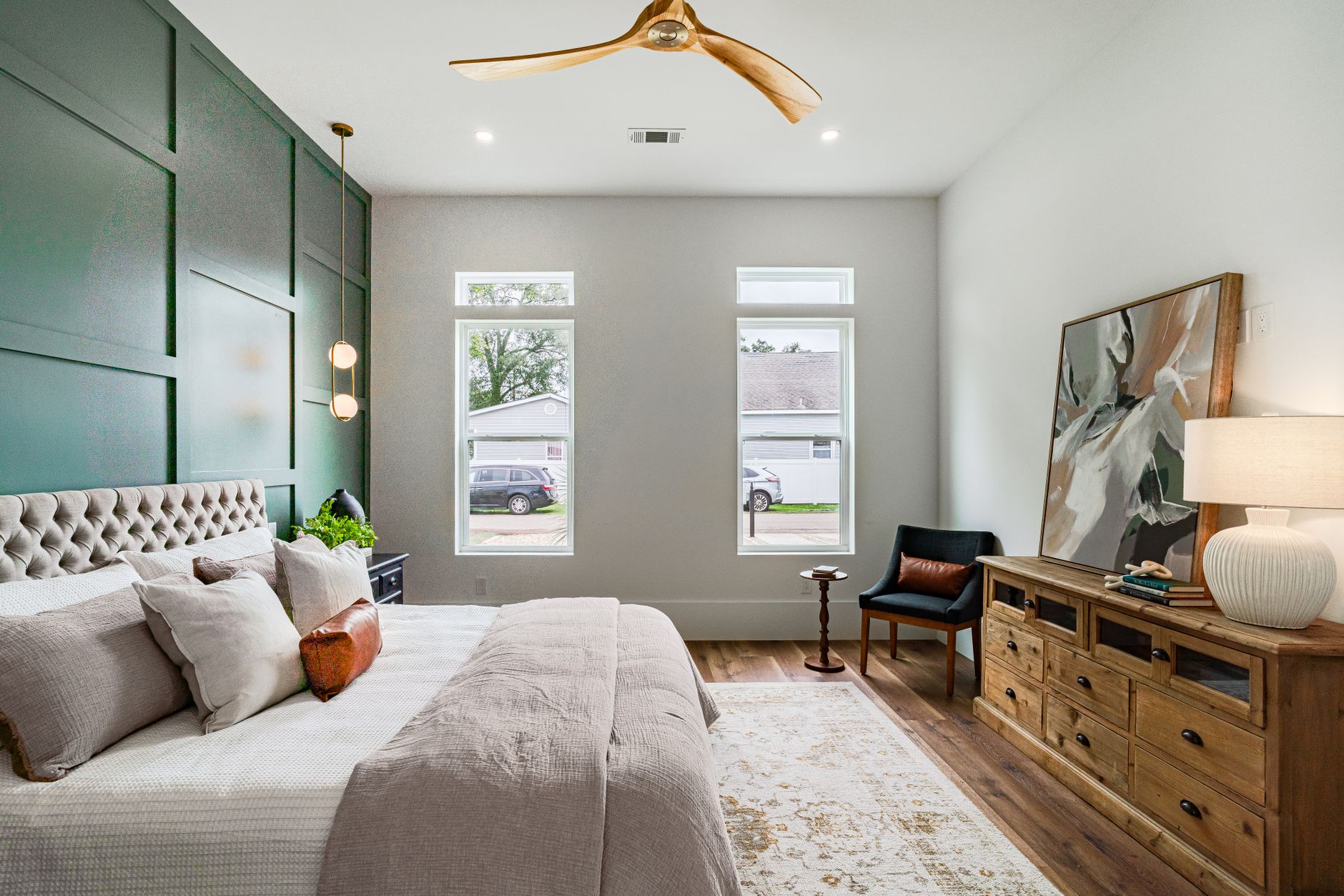 Luxurious modern bedroom interior with stylish decor and natural light in New Orleans.