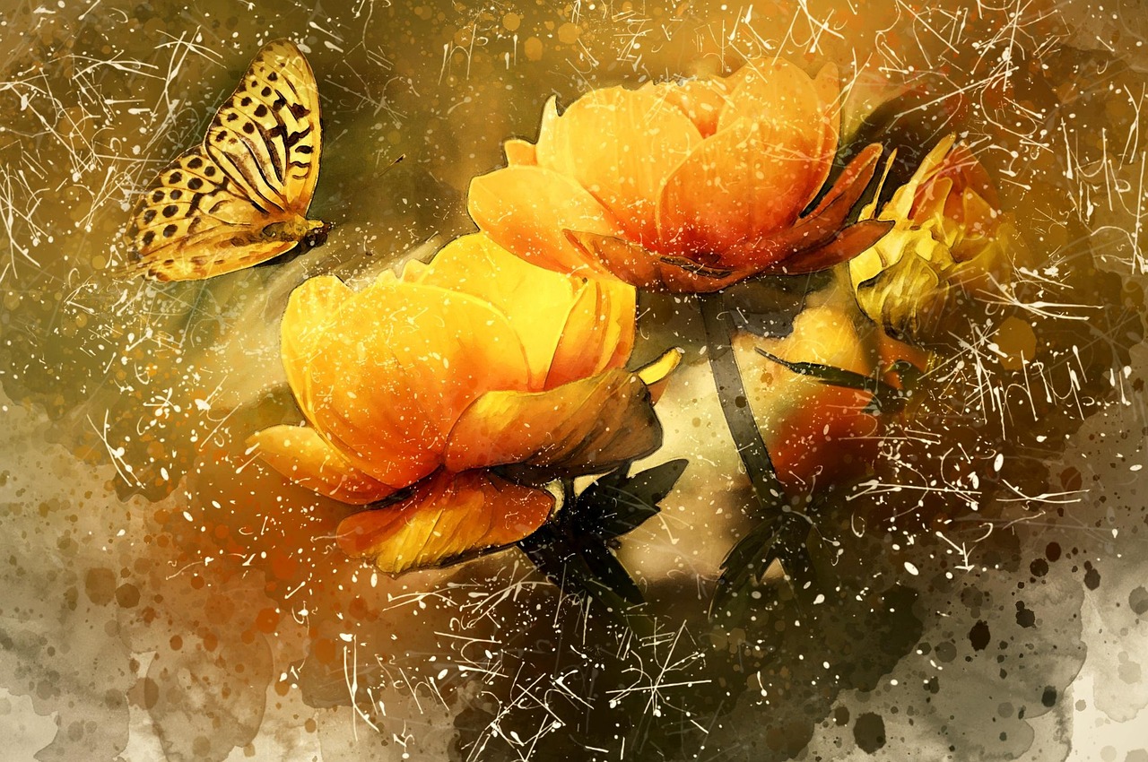 butterfly, yellow, flowers, nature, insect, summer, garden, blossom, vibrant, flora, beautiful flowers, pollen, habitat, digital enhancement, flower wallpaper, flower background, digital art, edited, season, digital manipulation, photo art, brown art, brown butterfly, brown summer, brown garden, brown digital, brown gardening