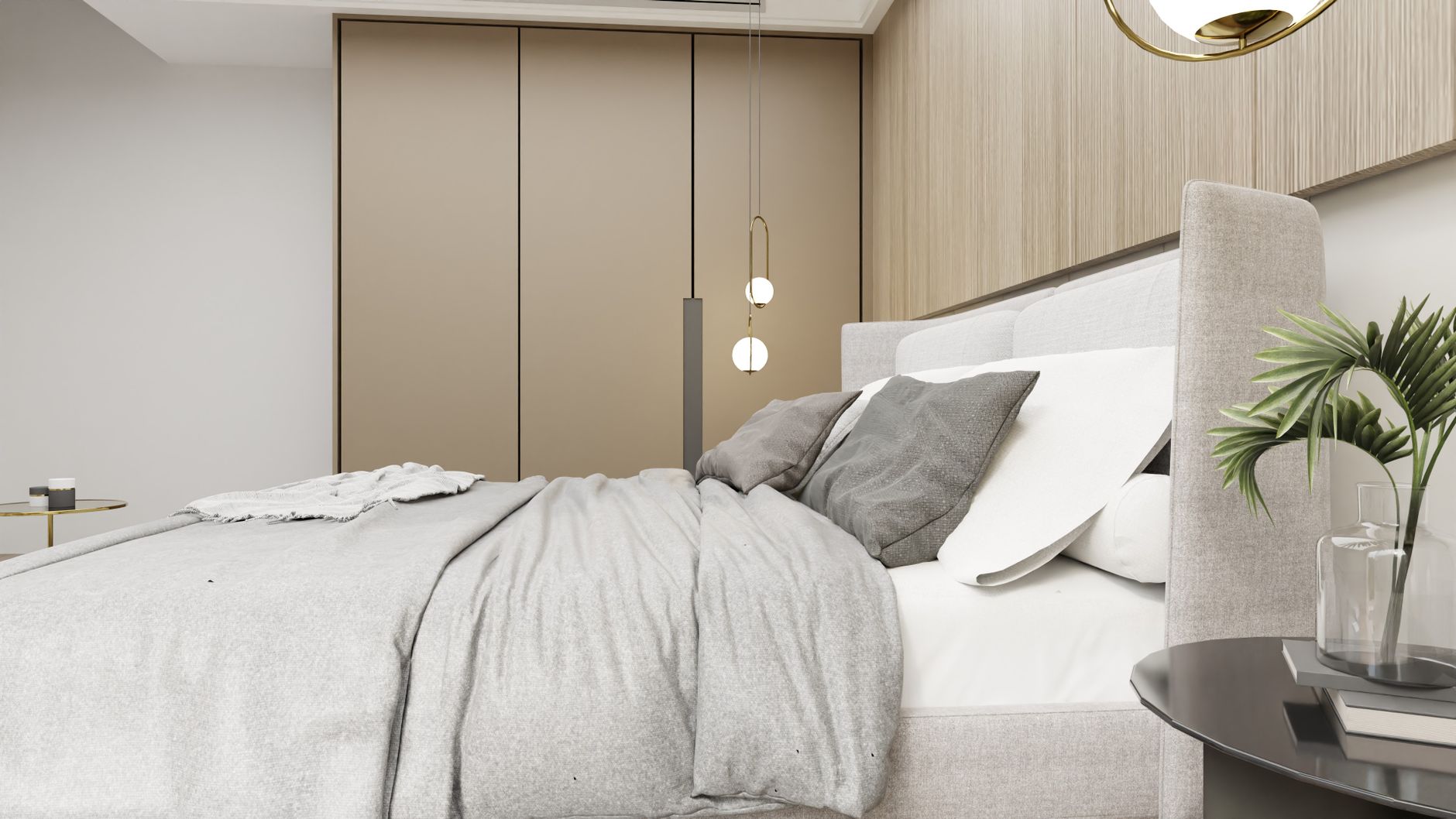 Modern bedroom featuring cozy bedding, minimalist decor, and sleek pendant lighting.