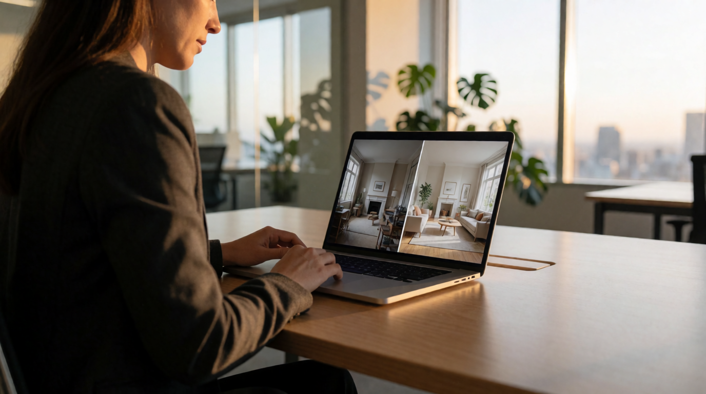 Real estate professional enhancing listing photos with AI photo editing software on a laptop