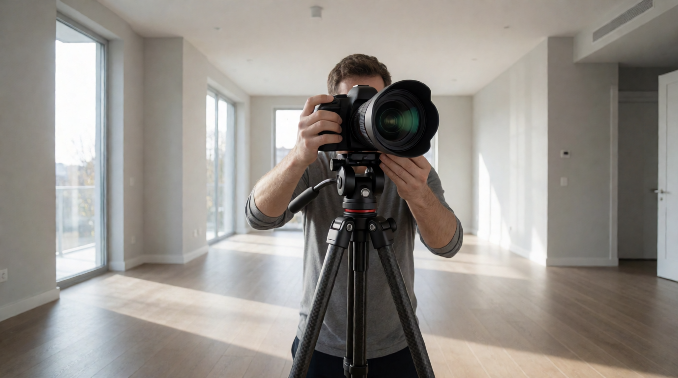 Real estate photographer capturing an empty room for virtual staging