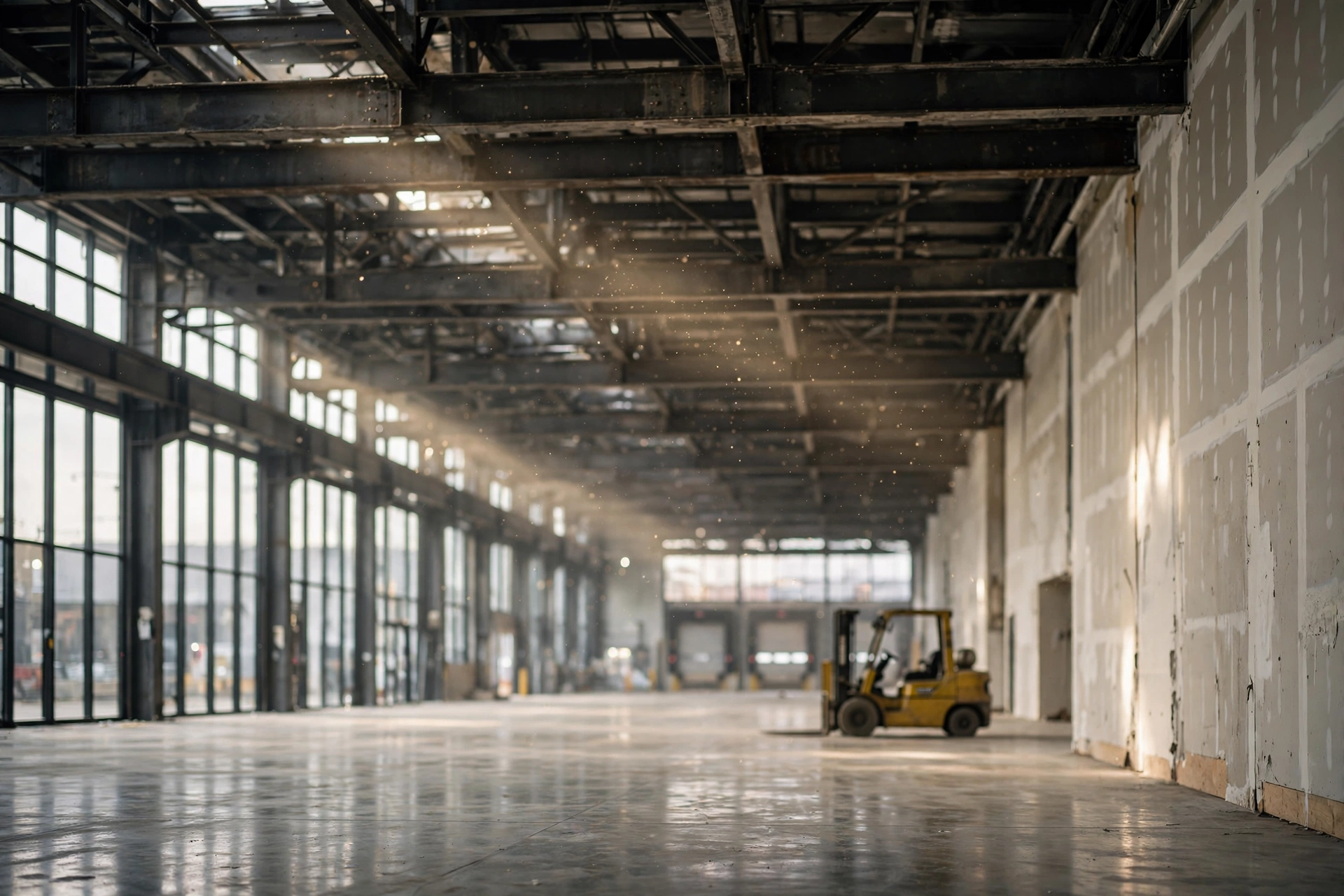 Spacious empty industrial warehouse with high ceilings and polished concrete floors