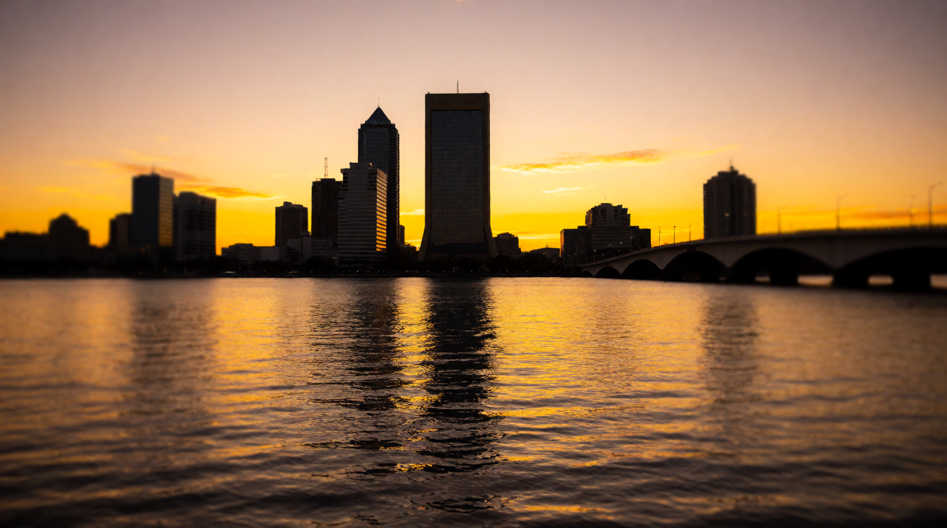 Jacksonville skyline at sunset with St. Johns River in foreground