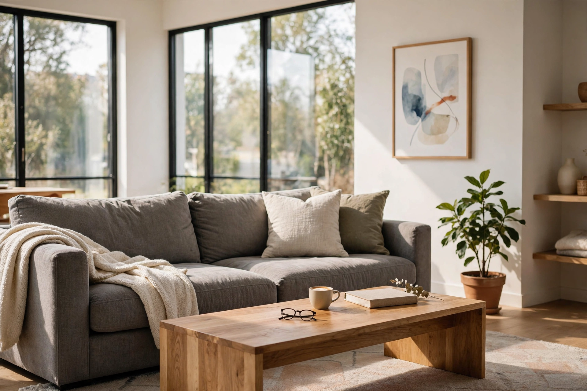 A photorealistic virtual staging of a bright residential living room with a grey sofa and wooden coffee table