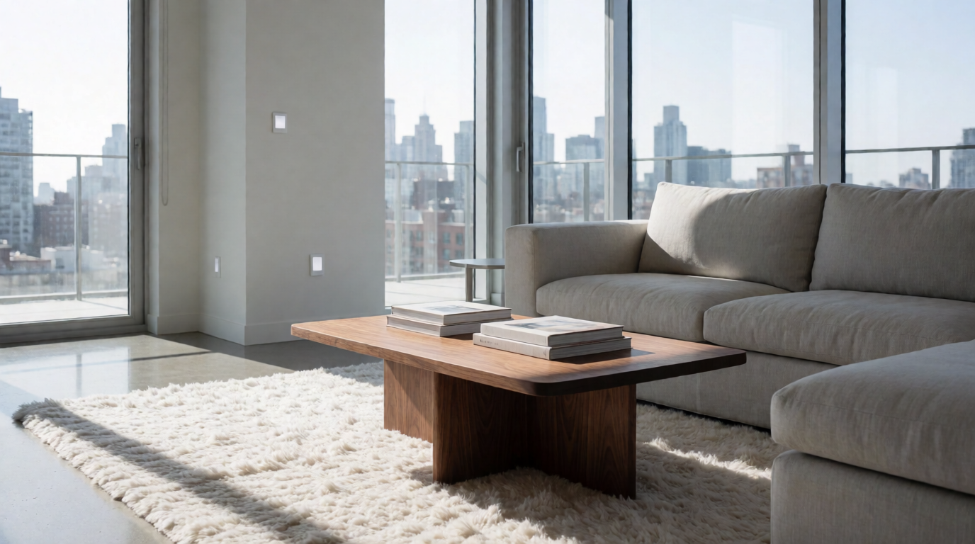 High quality AI enhanced real estate photography of a modern living room