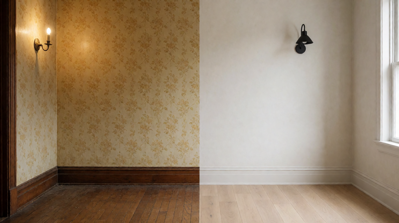 Split screen showing a dim room and a brightly enhanced professional real estate photo
