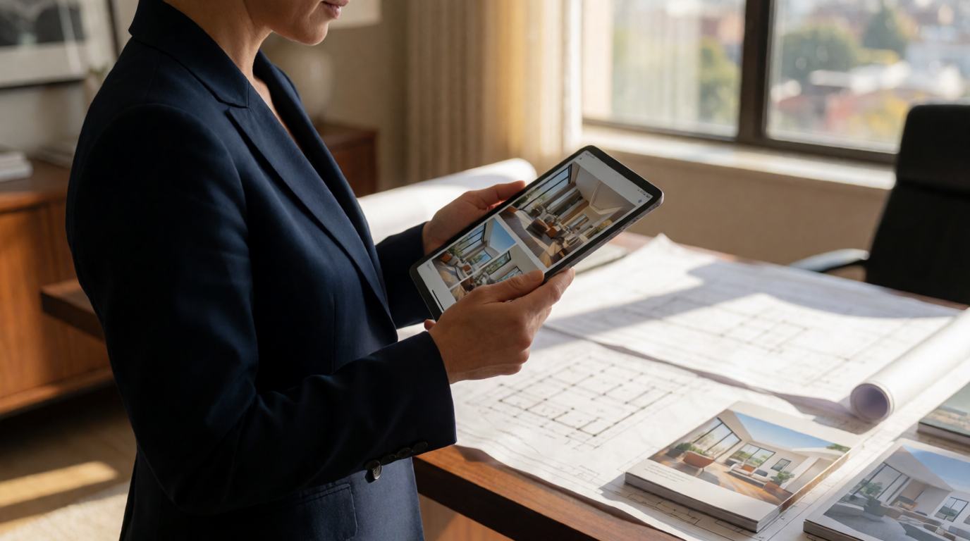 Professional real estate agent reviewing AI-enhanced property photos on tablet