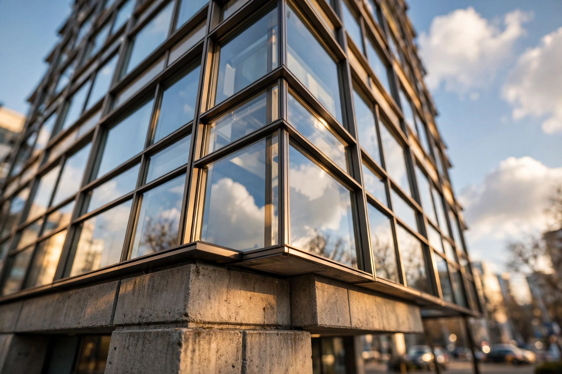 Professional architectural photography of a modern glass office building