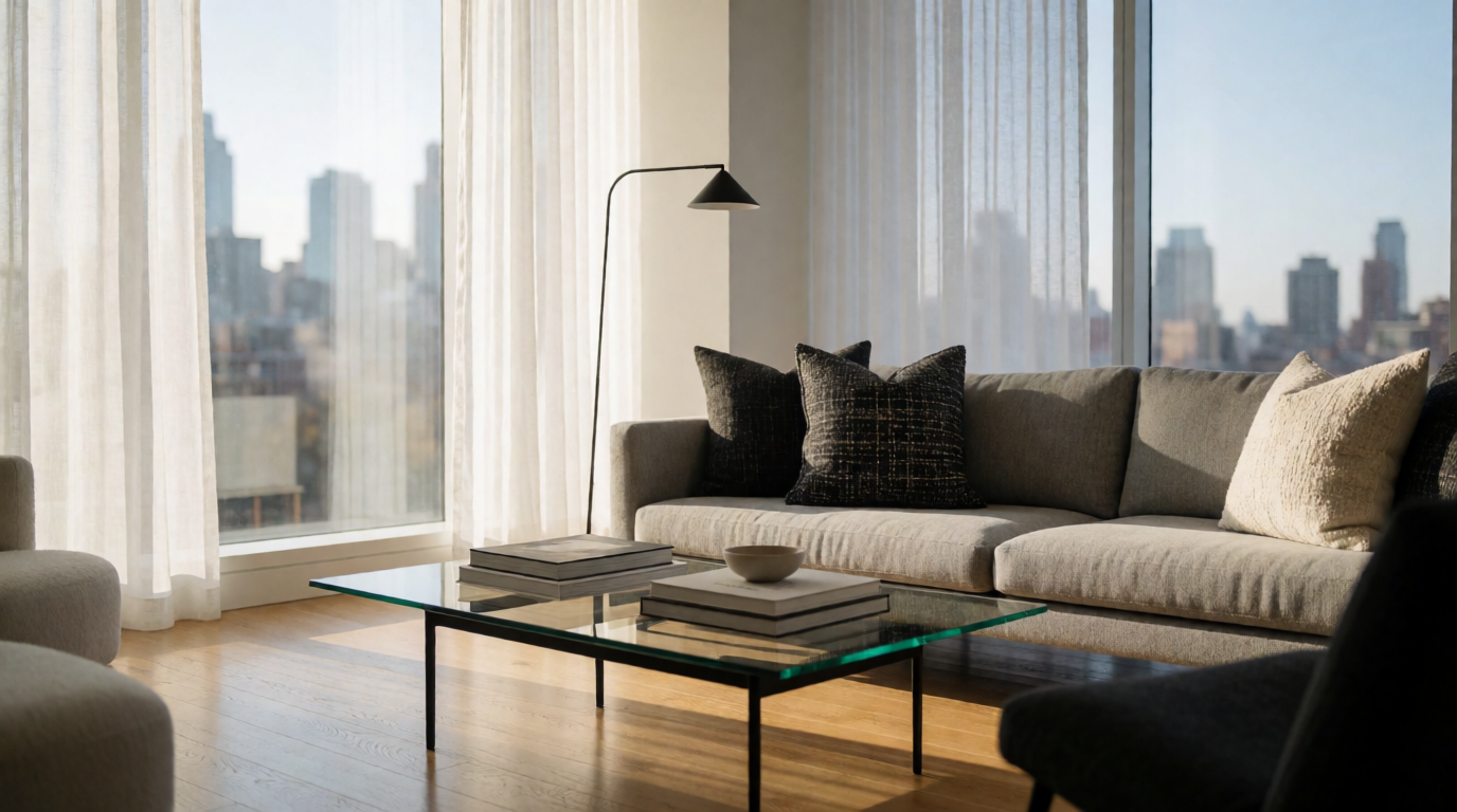 Professionally virtually staged modern living room with AI furniture