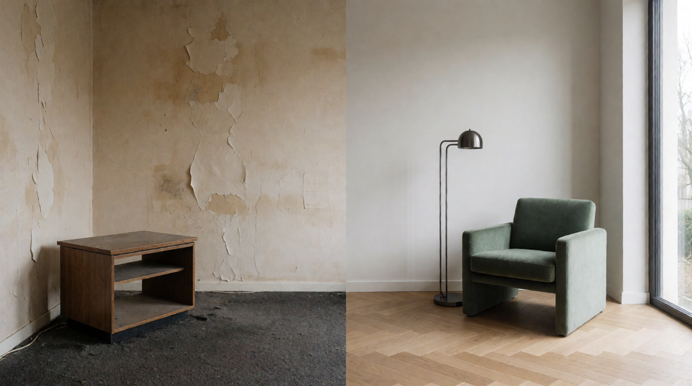 Split screen showing a dim empty room vs a bright virtually staged living room
