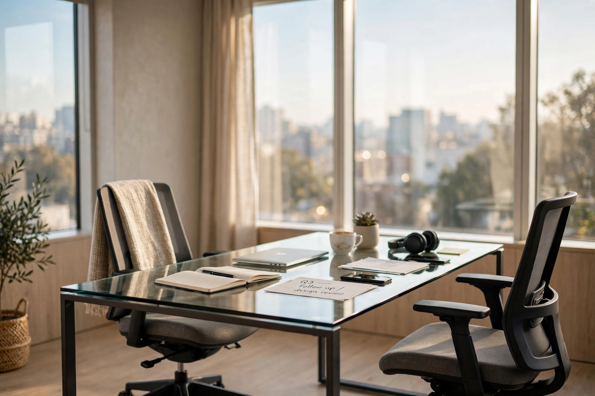 A clean modern office space with virtually staged furniture and bright lighting