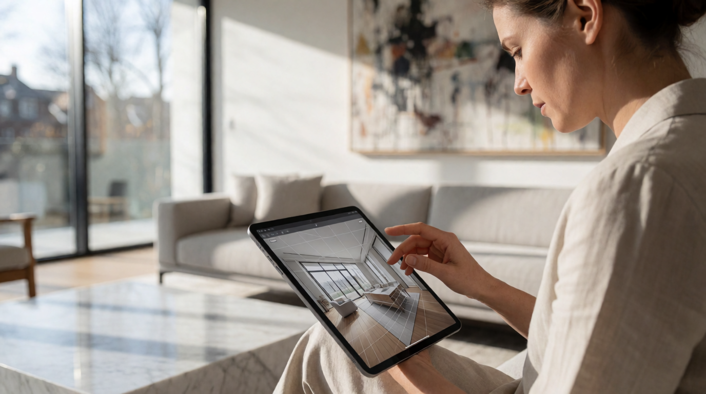 An interior designer using a tablet to virtually stage a living room in a modern home