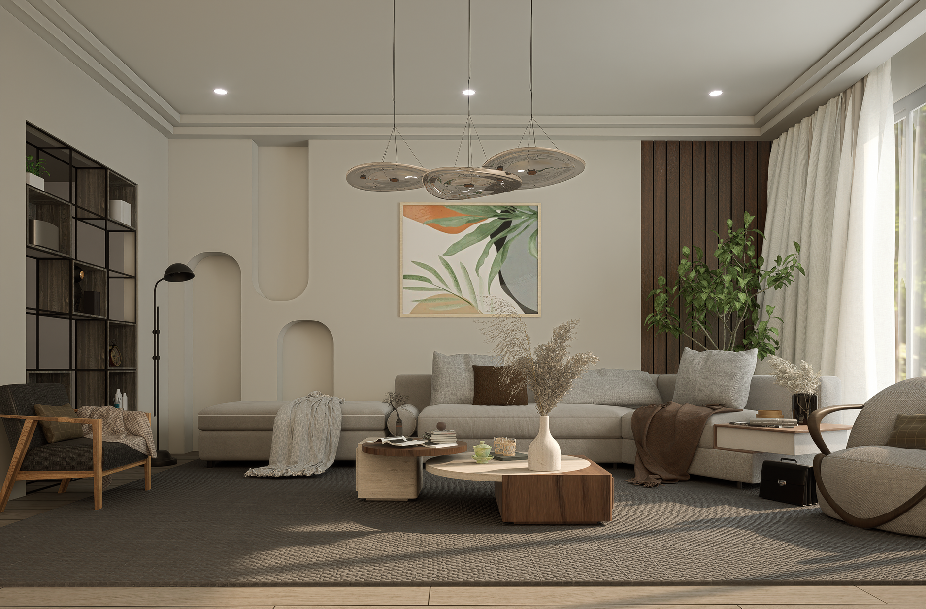 Sala de estar virtualmente decorada com móveis modernos