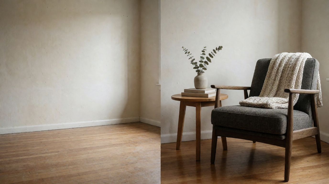 Split screen showing empty room versus virtually staged room