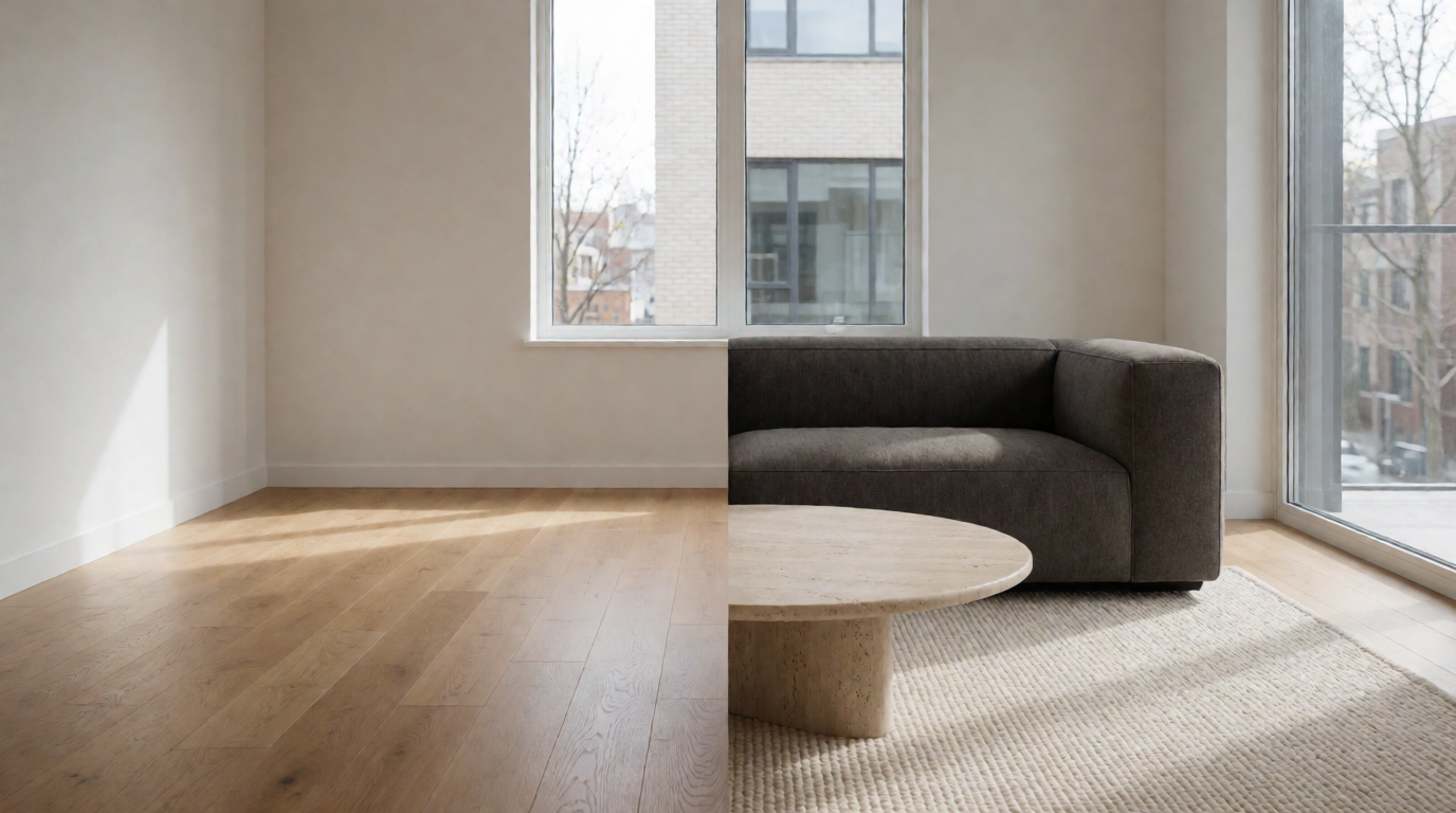 Professionally staged living room created through AI virtual staging showing before and after