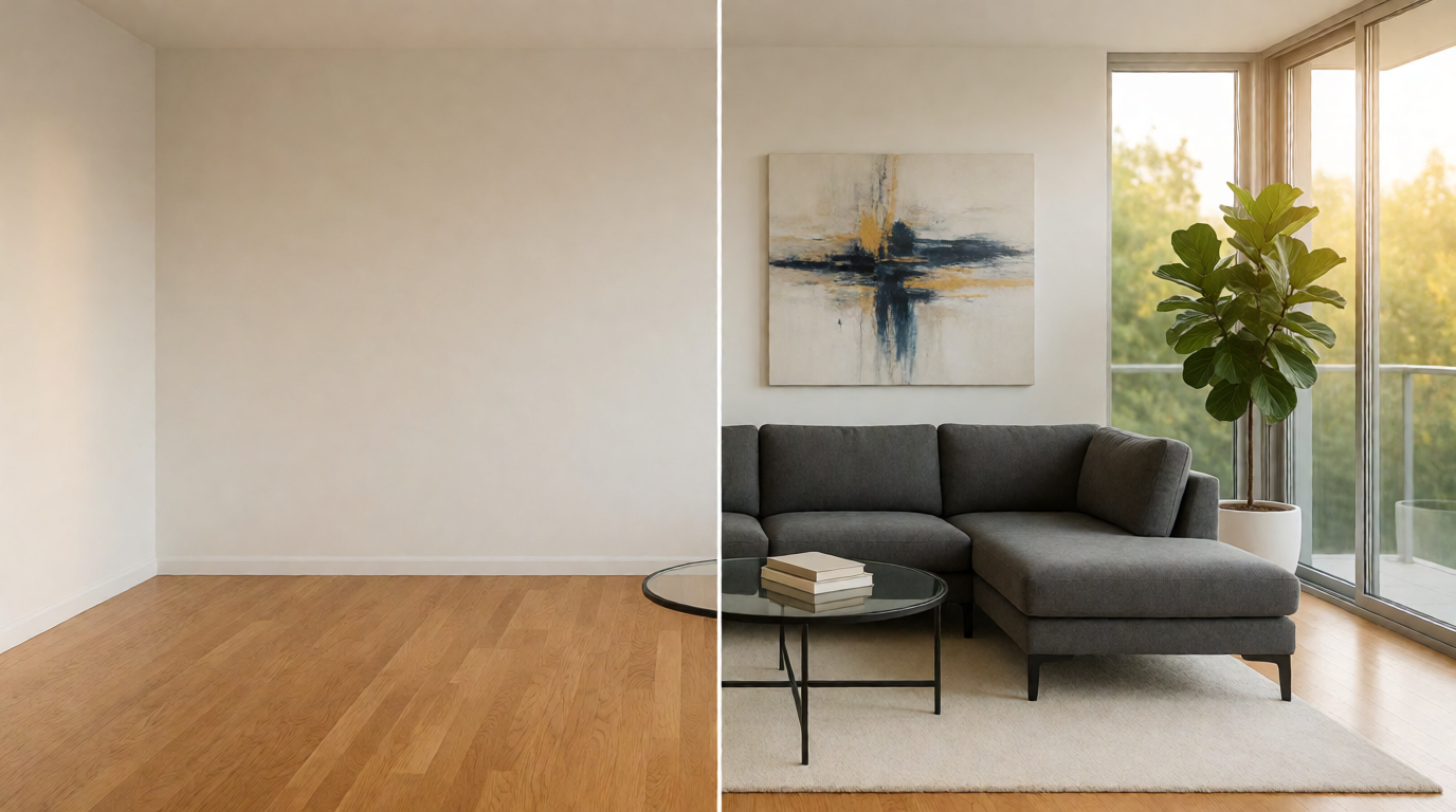 A split screen showing an empty room versus a virtually staged modern living room