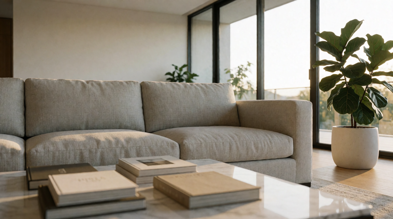 Photorealistic virtual staged living room showing digital furniture placed in an empty listing photo