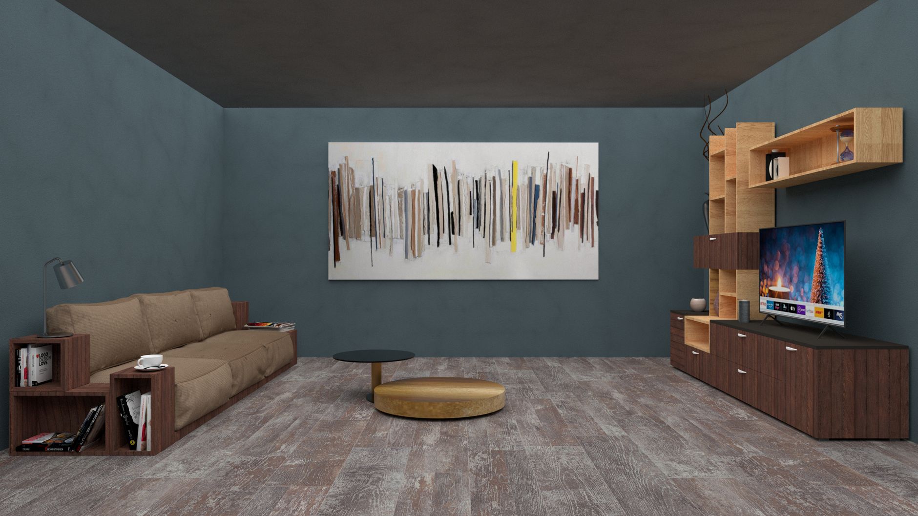 Spacious modern living room featuring abstract art, comfy sofa, and sleek TV unit for interior design inspiration.