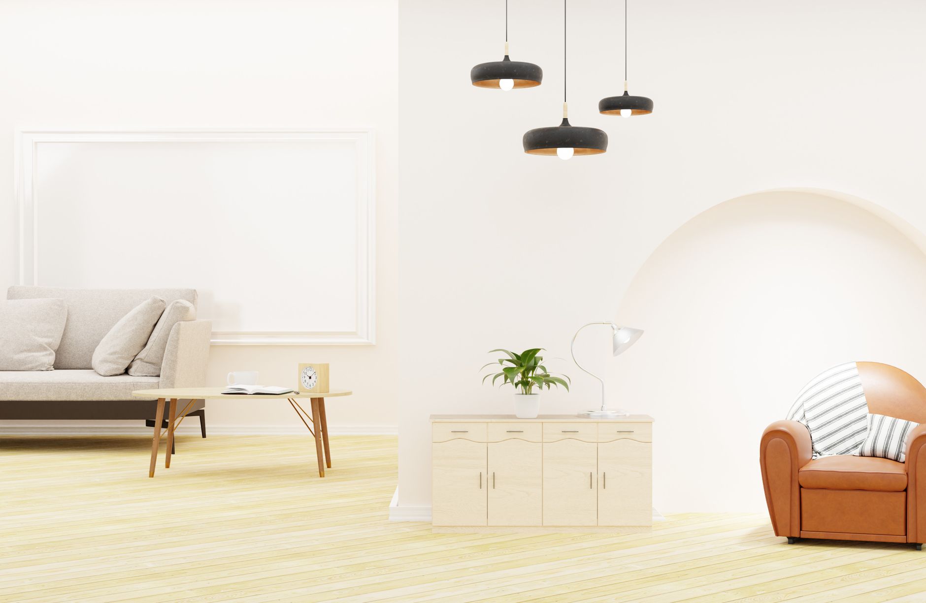 A stylish minimalist living room with contemporary furniture and decor.