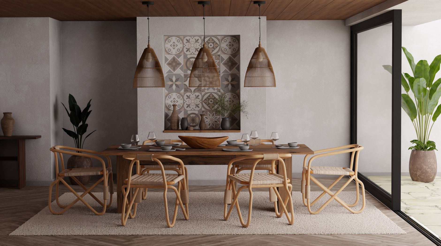 Elegant dining room with wooden furniture, pendant lights, and decorative tiles, perfect for cozy gatherings.