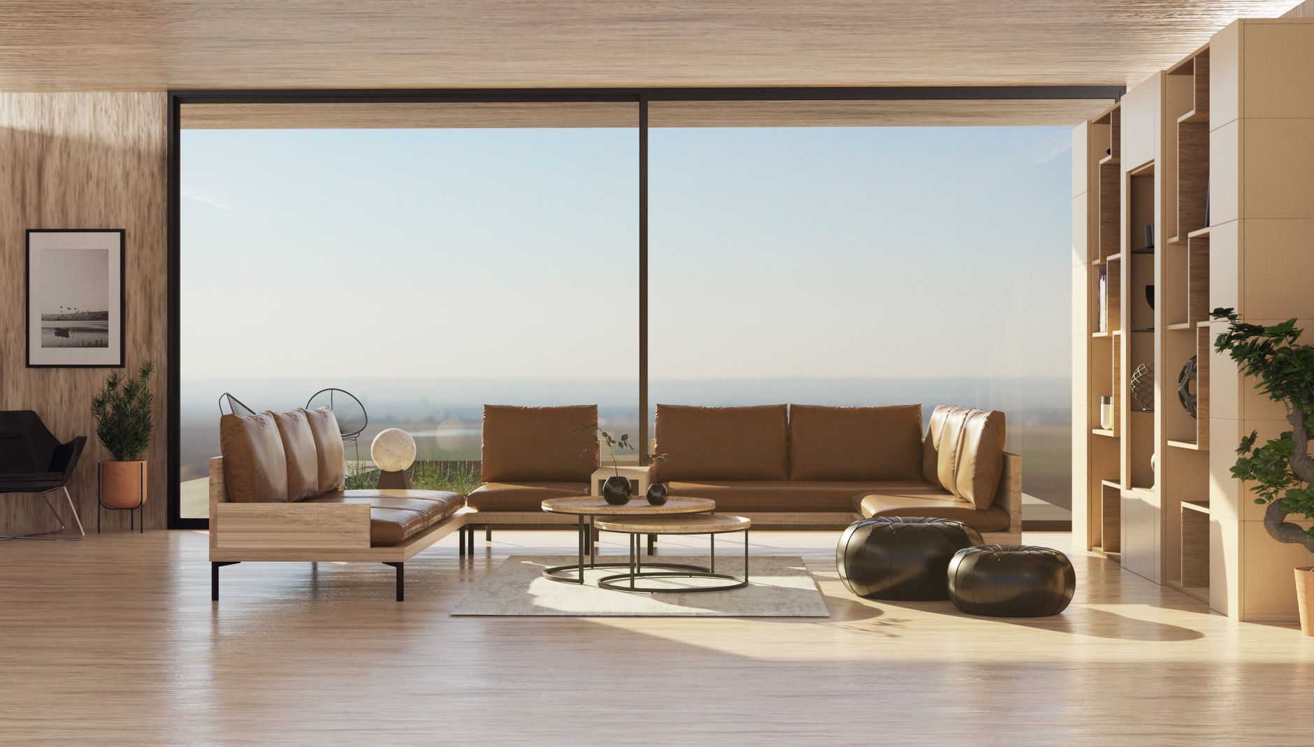 Spacious and cozy living room with large glass windows, wooden floors, and stylish decor.